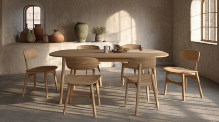 Light-filled dining room with wooden table and chairs.
