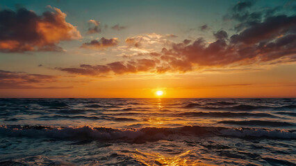 Fototapeta premium Sunset over the ocean, sea, sky, sun, ocean, water, sunrise, beach, cloud, nature, clouds, landscape, orange, horizon, dawn, wave, evening, 8K image