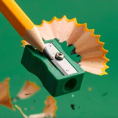 Sharpening a pencil with a green pencil sharpener wood shavings flying.