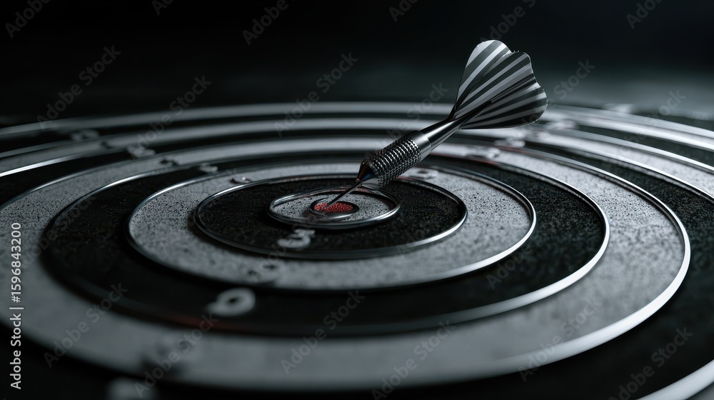 Poster dark dart hitting center of black and white target dartboard on dark background with copyspace for y