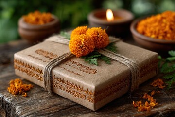 Beautifully wrapped gift box adorned with orange marigold flowers and tied with twine on a rustic wooden table with warm candle light