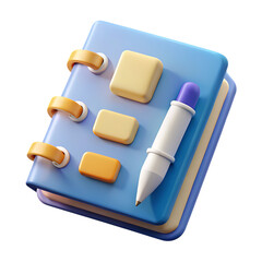 Blue notebook with orange binders and yellow orange checklist items beside a white pen with purple cap