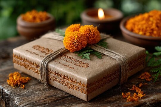 Beautifully wrapped gift box adorned with orange marigold flowers and tied with twine on a rustic wooden table with warm candle light