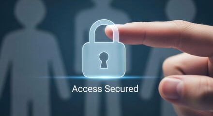Finger touching glowing blue padlock icon with text Access Secured and blurred figures security