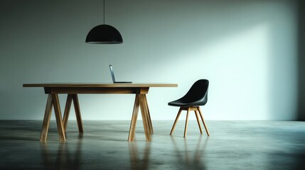 Empty wooden table and chair in a modern room.