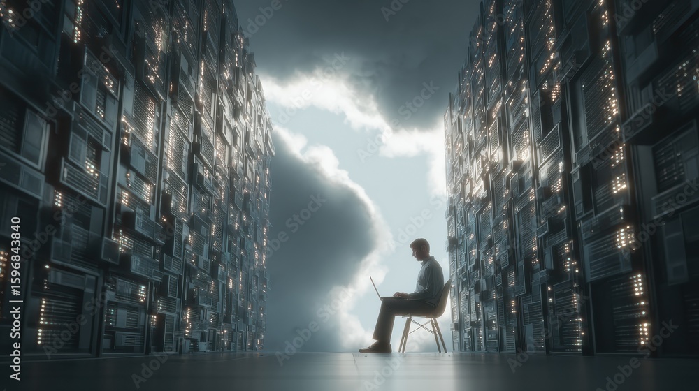 Poster business man downloading computer files or installing software on laptop computer, cloud storage tec