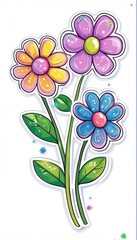 Colorful flowers with shiny petals bloom vibrantly on a soft background. This whimsical illustration features lively designs that sparkle celebrating natures beauty and creativity