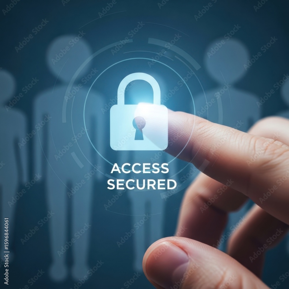 Poster finger touching glowing padlock icon with text access secured and blurred figures security
