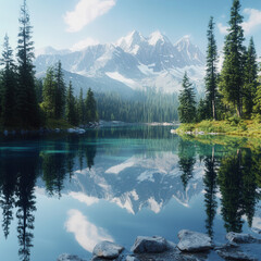 Naklejka premium Mountain Lake Reflection, Alpine Scenery, Serene Forest Lake, Wilderness Landscape, Beautiful Nature Scene