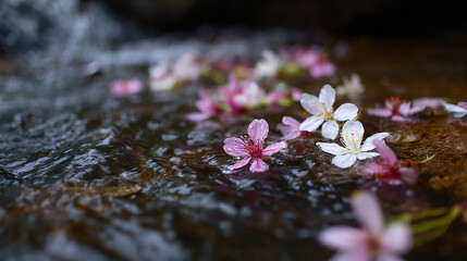 Close-up of fallen blossoms settling into flowing stream, captured mid-motion with subtle ripples and reflections &ndash; beautiful image, nature view, real look