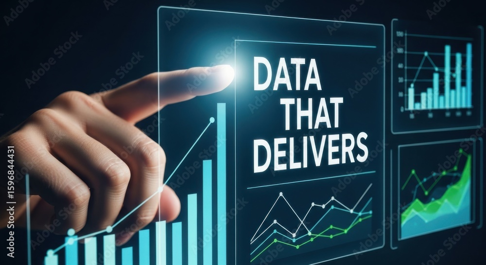 Aufkleber finger touching screen displaying data analysis charts and text graphs technology