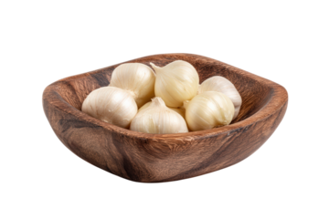 Garlic Bulbs in Wooden Bowl Still Life Arrangement on Transparent Background for Art