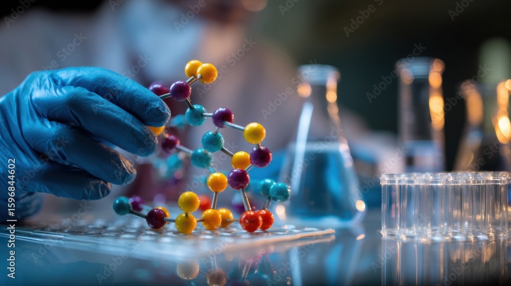 Poster molecular structure being assembled in a laboratory setting by a scientist during research activitie