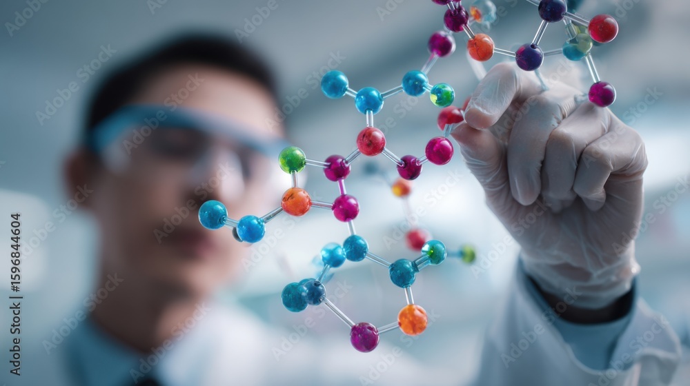 Poster scientist examining a molecular structure in a laboratory setting during daytime