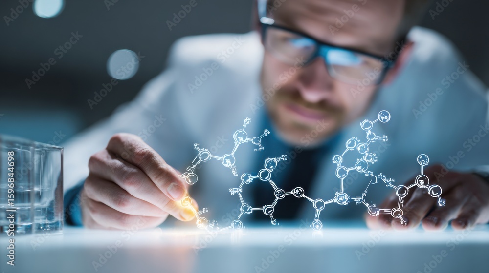 Poster scientist examining molecular structures in a laboratory during evening hours