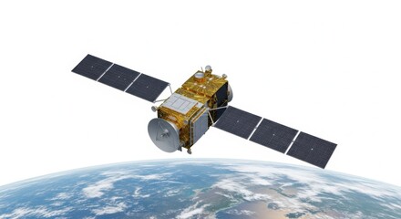 Fototapeta premium Modern satellite orbiting earth isolated on white background