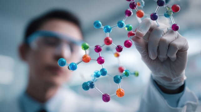 Scientist examining a molecular structure in a laboratory setting during daytime