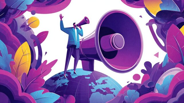 Marketing specialist with loudspeaker influence businessmen and globe. Macromarketing, social influence, global marketing strategy concept. Bright vibrant violet vector isolated illustration, no logo