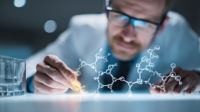 Scientist examining molecular structures in a laboratory during evening hours - Powered by Adobe