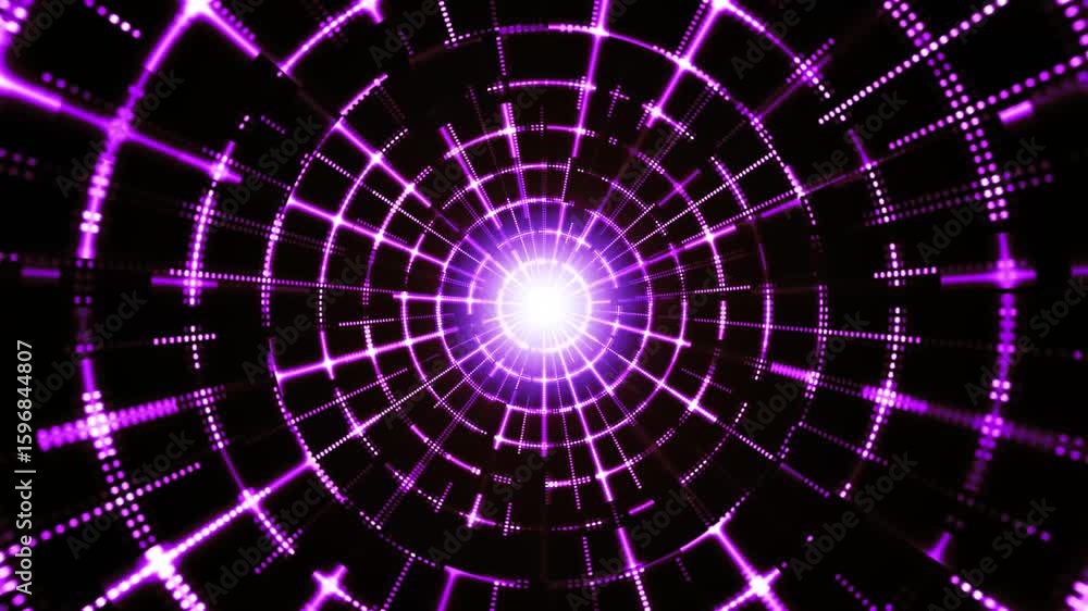 Aufkleber a digital network or purple tunnel. blue glowing lines and dots form concentric circles and intersec