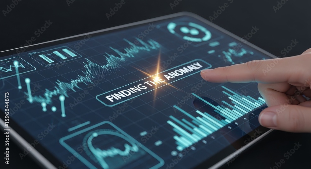 Aufkleber finger touching tablet screen displaying financial data graphs and text finding the anomaly image