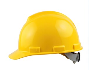 Fototapeta premium Yellow hard hat construction safety equipment. Protective headgear for industrial work, brown band, black strap, adjustable fit. Construction site workers, men at work, building industry,