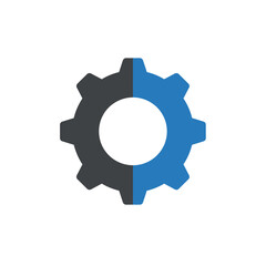 A cogwheel with half in dark gray and half in blue on a white background in a centered composition
