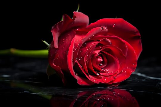 red rose with water drops on black