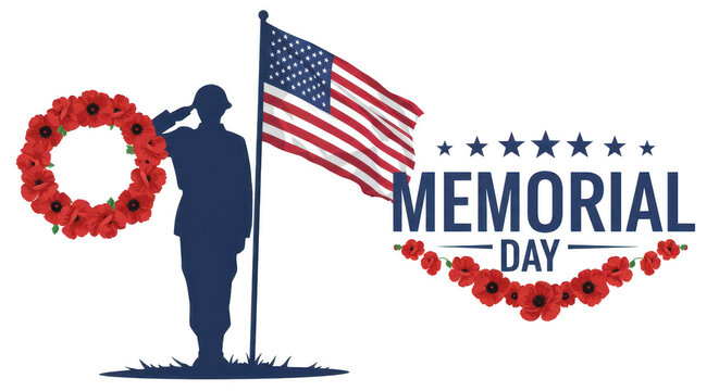 Photo of a soldier saluting the american flag with a poppy wreath for memorial day celebration isolated on transparent background - Powered by Adobe