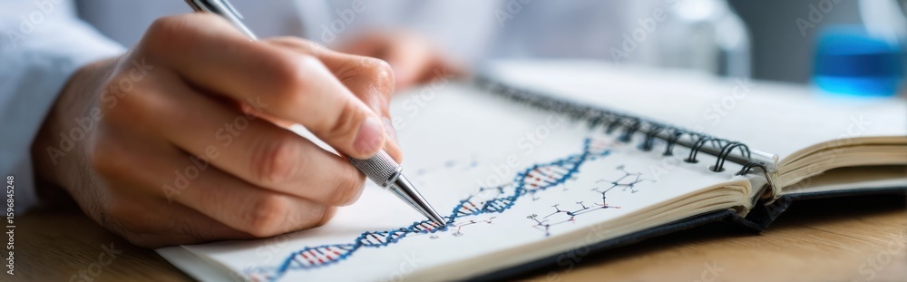 Poster scientist conducts research by sketching a dna model in a laboratory notebook during a study session