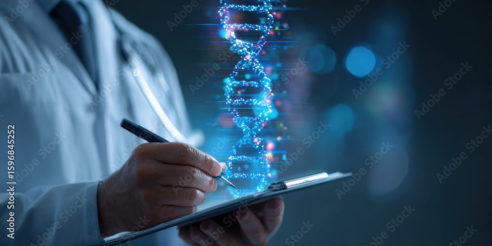 Poster scientist analyzing dna structure with digital technology in laboratory setting during evening hours