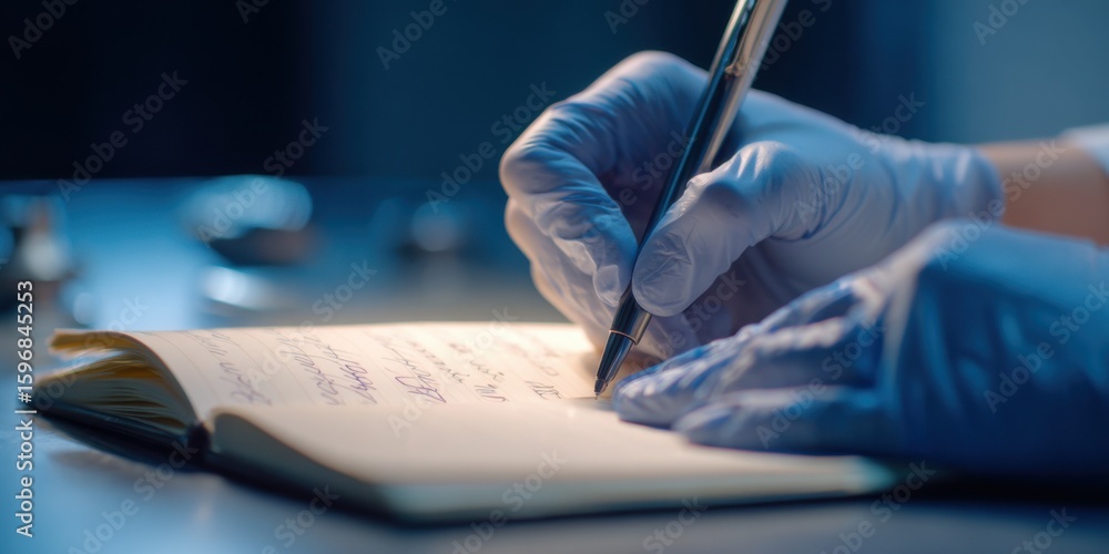 Poster person in gloves writing notes in a notebook on a table with a blurred background