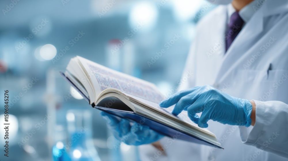 Poster researcher in lab conducting study while referencing an open textbook filled with scientific informa