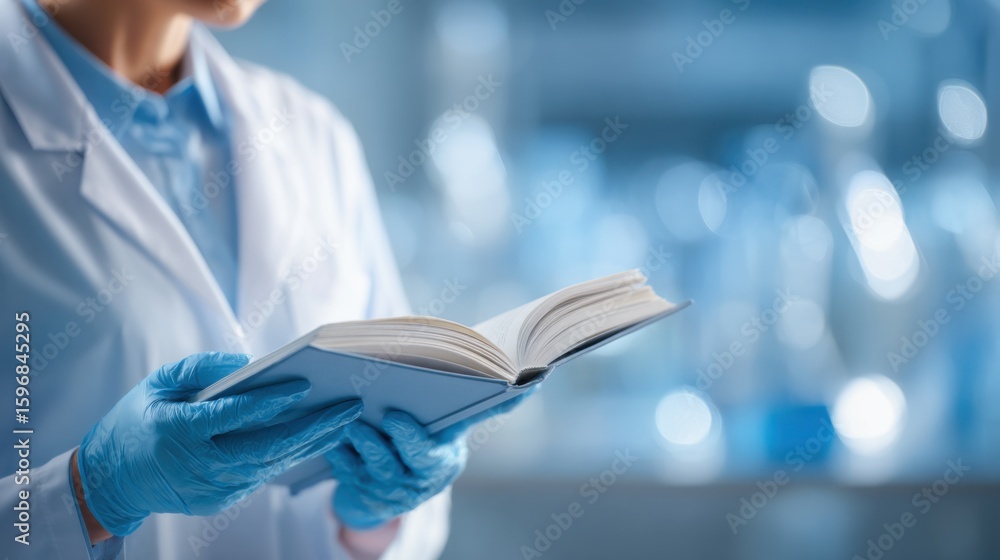 Poster researcher studying techniques in a laboratory environment while reading a book on scientific method