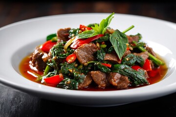 Thai spicy beef stir fry basil and chili colorful and vibrant dish served on white ceramic plate close up of authentic street food