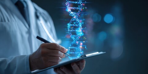 Scientist analyzing DNA structure with digital technology in laboratory setting during evening hours