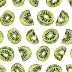 Green halves of ripe kiwi fruit with bright green flesh, seeds. Watercolor seamless pattern on white background for design of jam, preserve, drinks, food, baby and kitchen textiles