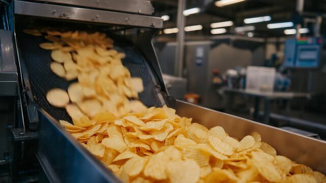 Golden potato chips cascade onto a vibrating conveyor, illuminated by soft factory lighting for a clean, appetizing appearance.