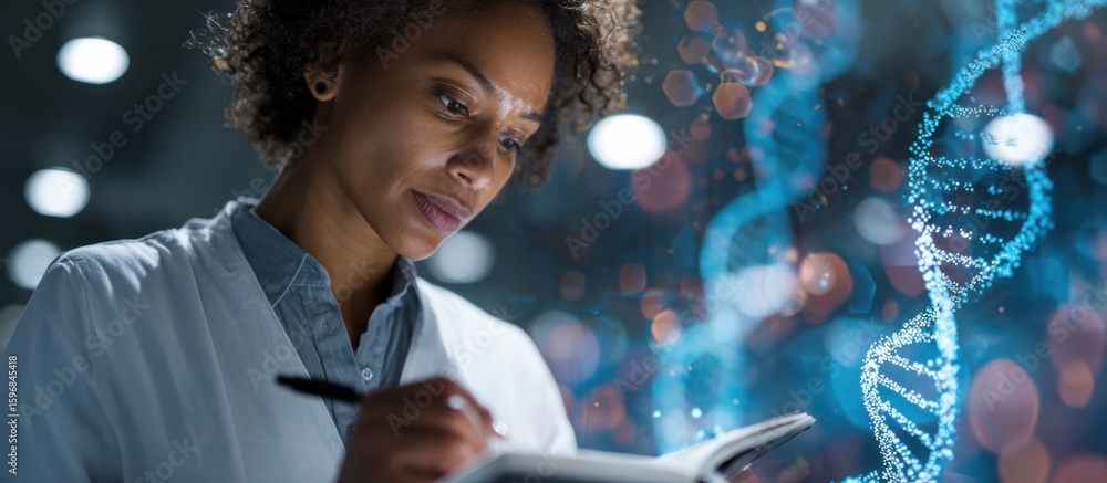 Poster researcher engages in scientific study while analyzing dna patterns in a high-tech lab environment