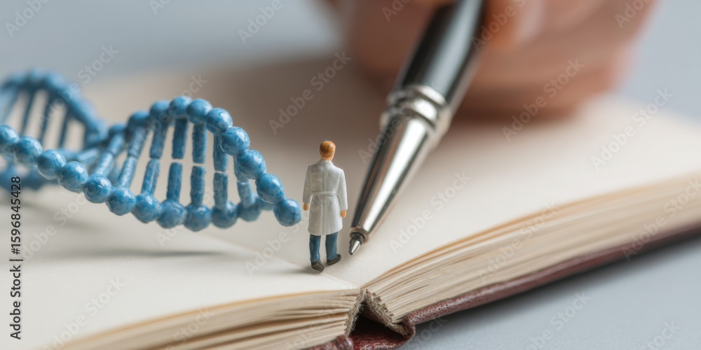 Poster scientist examines dna structure while taking notes in a lab setting with a focus on research and di