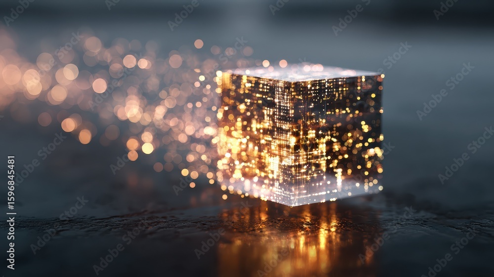 Poster Futuristic ai agent hologram cube with flowing data streams and bokeh lights