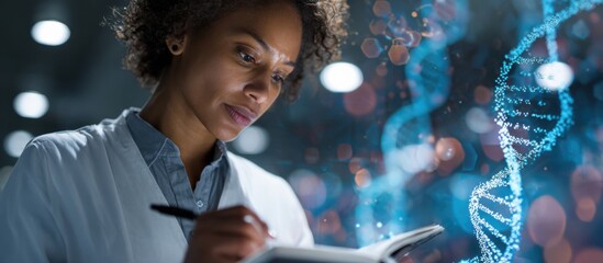 Researcher engages in scientific study while analyzing DNA patterns in a high-tech lab environment
