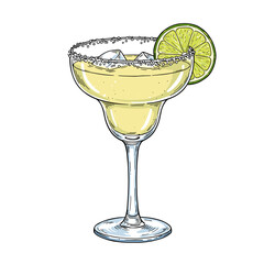 Margarita cocktail with lime slice and ice in glass  