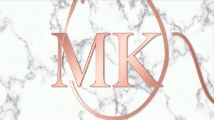 Rose gold letters "MK" on marble background with abstract strokes - Powered by Adobe