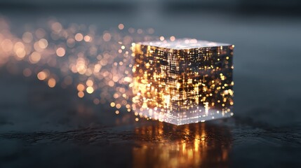 Futuristic ai agent hologram cube with flowing data streams and bokeh lights