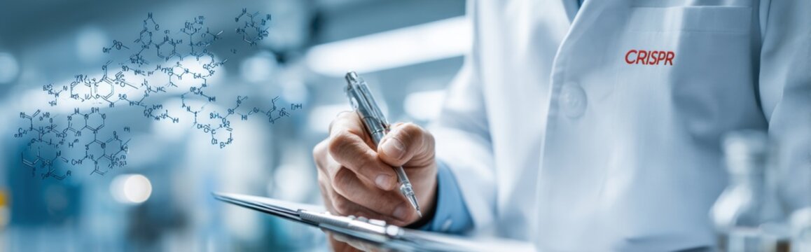 Researcher in lab conducting CRISPR gene editing analysis with molecular structures illustrated nearby - Powered by Adobe