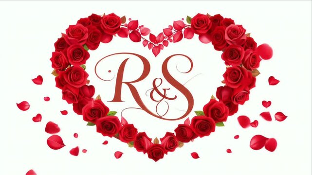 Romantic floral heart with initials and petals on white background