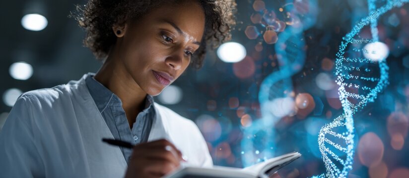 Researcher engages in scientific study while analyzing DNA patterns in a high-tech lab environment