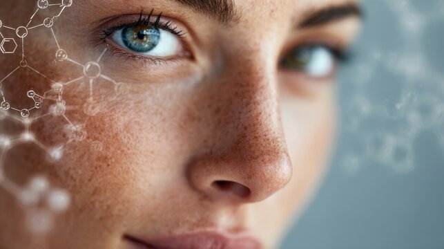 Intricate close-up of a woman’s face with molecular graphics highlighting beauty and science