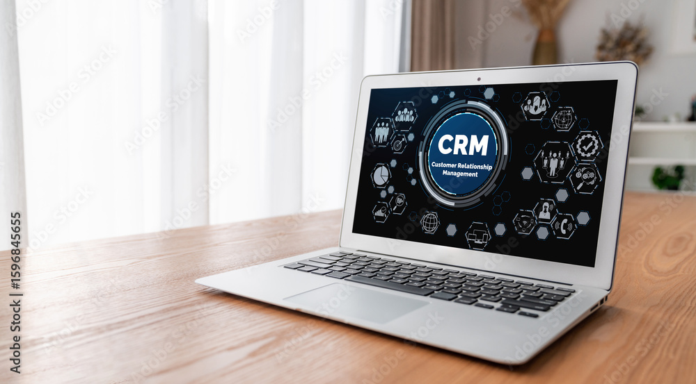 Poster customer relationship management system on modish computer for crm business and enterprise